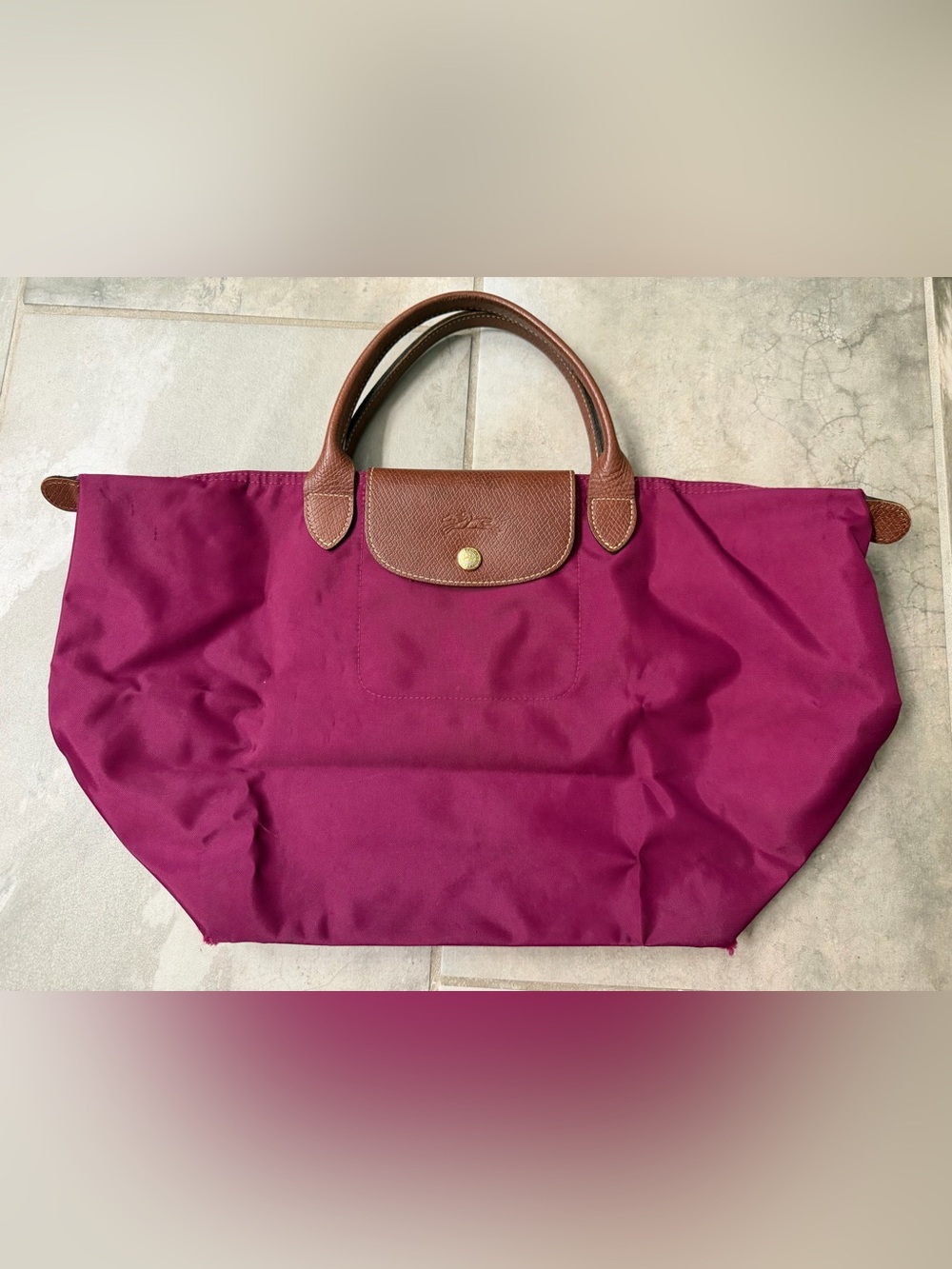 Longchamp Le Pliage Medium Top Handle Tote/Satchel in magenta
